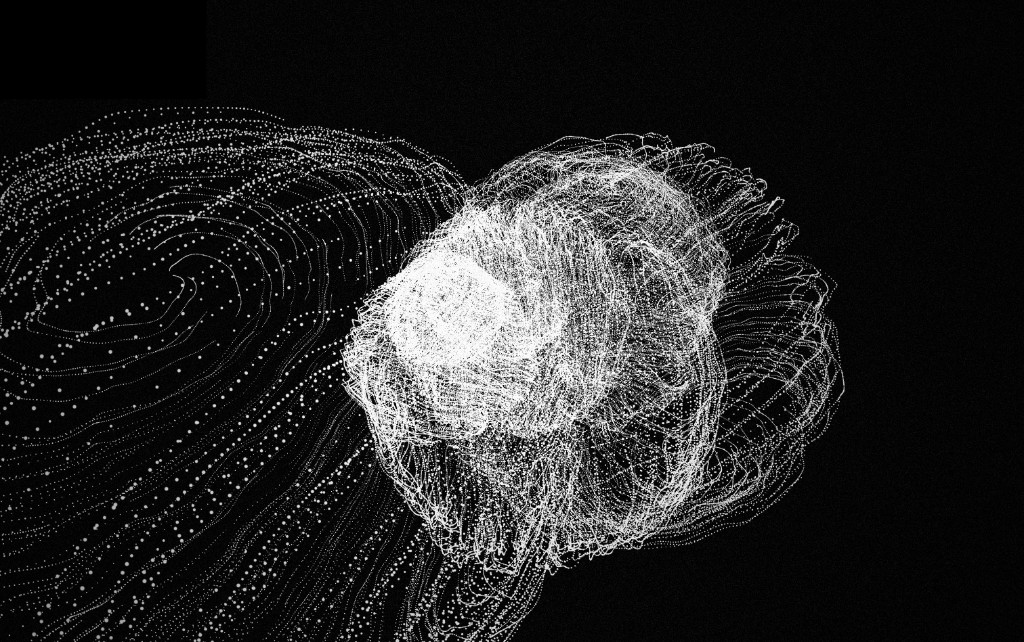 Generative artwork: sphere with lines in a 2×2 grid